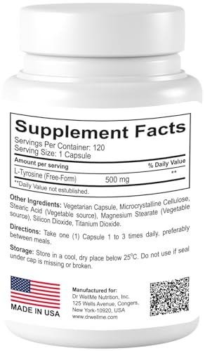 Dr.WellMe L-Tyrosine 500mg Capsules, Dietary supplements-120 Capsules DR WELLME NUTRITION uk supplements