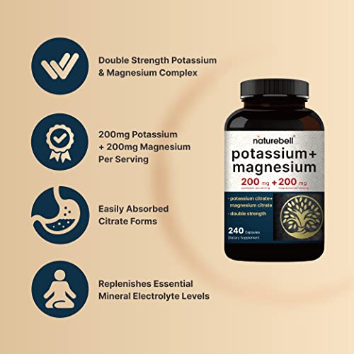 Potassium Magnesium Supplement – 200mg + | 240 Capsules Easily Absorbed Citrate NatureBell uk supplements