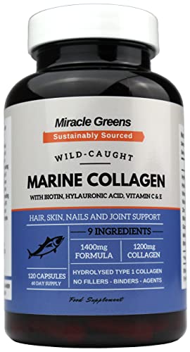 Marine Collagen 1400mg | 120 Capsules with Biotin, Hyaluronic Acid, Vitamin C, E, B2, Zinc, Copper & Iodine Miracle Greens uk supplements