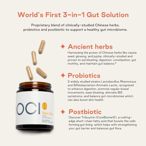 NOOCI NOO Gut, Gut + Skin: 3-in-1 Gut Health Supplement with Herbs, Probiotic & Postbiotic, Digestive Support for Bloating & Constipation, 60 Vegan Capsules NOOCI uk supplements