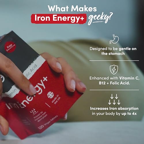 Iron Tablets High Strength Tablets with Vitamin C, B12 & Folic Acid - 120 Vegan Supplement Nutrition Geeks uk supplements