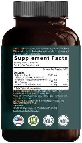 NatureBell L-Lysine 1000mg + Quercetin 250mg Supplement, 240 Capsules, Free Form NatureBell uk supplements