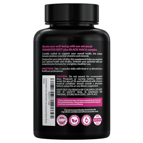 EVERYDAY NUTRITION Organic Fermented Beet Root & Black Maca Capsules with Carrot, Spinach, Cranberry & Ginger | Superfood for Energy, Stamina & Wellness | 90 Veggie Capsules | Made in USA EVERYDAY NUTRITION uk supplements