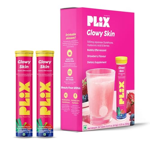 PLIX Glowy Skin 500mg Glutathione Supplement with Hyaluronic Acid, Vitamin C, E & Berries | 30 Effervescent Tablets, Strawberry Flavor PLIX - THE PLANT FIX uk supplements