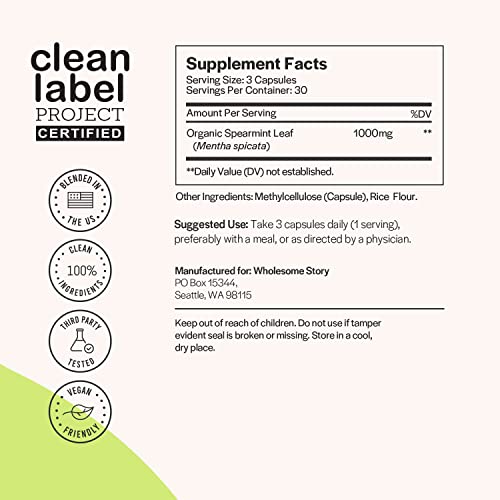Organic Spearmint Capsules | Great Alternative to Spearmint Tea | 1000mg Spearmint Leaf Wholesome Story uk supplements