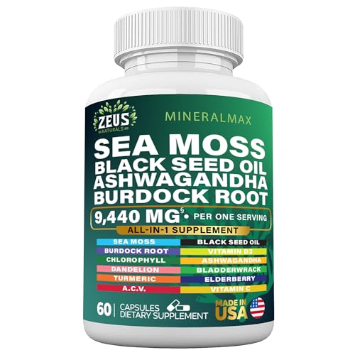 Sea Moss Capsules with Black Seed Oil, Burdock Root, Bladderwrack, Turmeric, Ashwagan Zeus Naturals uk supplements