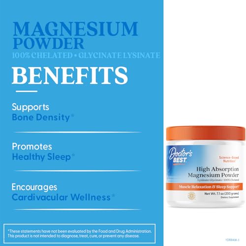 Doctor's Best High Absorption Magnesium Powder,White, 100% Chelated TRACCS, Not Buffered, Headaches, Sleep, Energy. Non-GMO, Vegan, Gluten Free, 200G, 7.1 Ounce (Pack of 1) Doctor's BEST uk supplements
