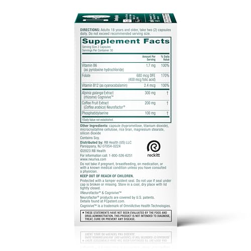 NEURIVA Ultra Decaffeinated Clinically Tested Nootropic Brain Supplement for Mental Alertness, Memory, Focus & Concentration, Cognivive, Neurofactor, Phosphatidylserine, Vitamins B6 B12, 60 Capsules NEURIVA uk supplements