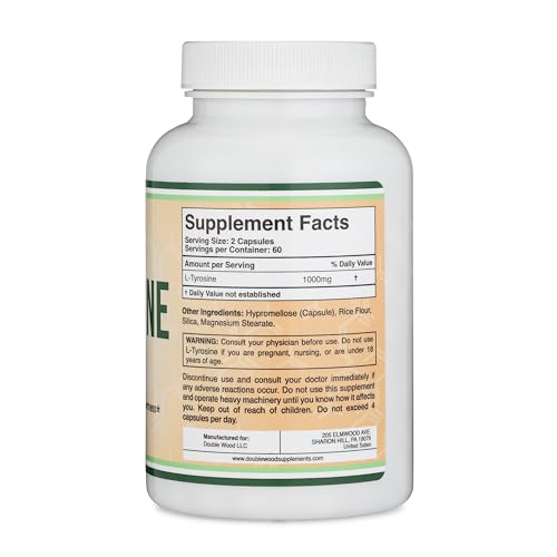 L-Tyrosine 1,000mg per Serving, 120 Veggie Capsules (L Tyrosine Supplement for Memory Double Wood Supplements uk supplements