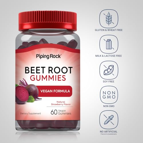 Beet Root Gummies | 60 Count | with Nitrates and Black Pepper Extract | Nitric Oxide Piping Rock uk supplements