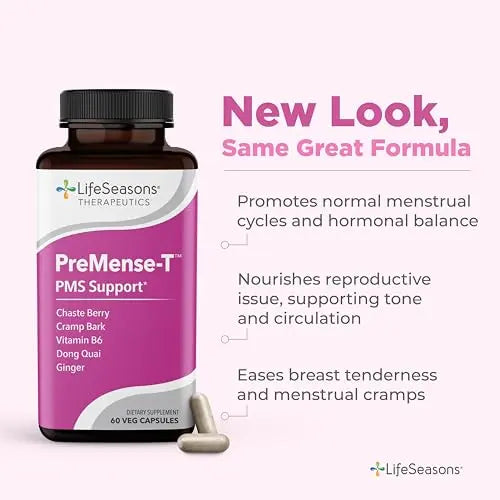 LifeSeasons - PreMense-T - PMS Relief Supplement - Support for Pre-Menstrual Symptoms, Cramping & Breast Tenderness - Nourish Tissue - Ginger Crampbark Dong Quai Chasteberry & Vitamin B6-60 Capsules LifeSeasons uk supplements