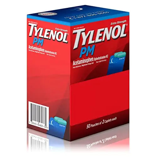Tylenol PM Extra Strength Nighttime Pain Reliever Sleep Aid Caplets with Acetaminophen & Diphenhydramine HCl, Relief for Nighttime Aches & Pains, Travel Size, 50 Packs of 2 Caplets Tylenol uk supplements