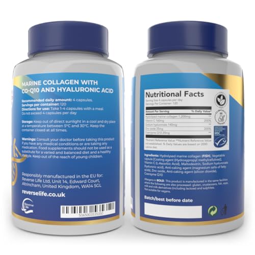 Reverse Life Marine Collagen Capsules 1200mg – with Hyaluronic Acid & Vitamin C + Q10 Reverse Life uk supplements