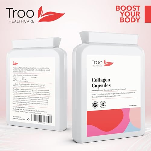 Troo Marine Collagen Supplement - 60 High Strength Capsules 1200mg Serving - Hydrolysed Marine Collagen Peptides with Vitamin C Troo Health Care uk supplements