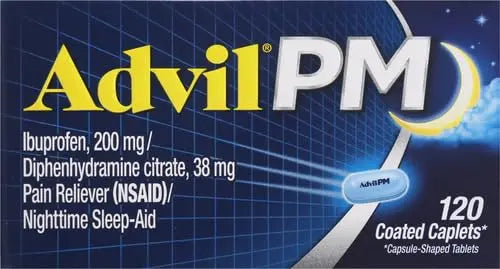 Advil PM Pain Reliever and Nighttime Sleep Aid, Pain Medicine with Ibuprofen for Pain Relief and Diphenhydramine Citrate for A Sleep Aid - 120 Coated Caplets (Pack of 2) Advil uk supplements