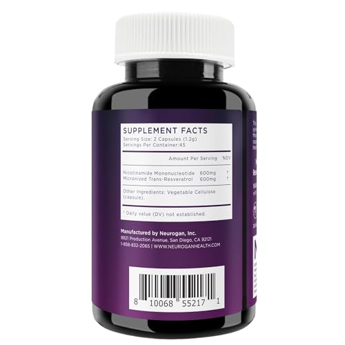 Neurogan NMN + Resveratrol Capsules – Cellular Health & Energy Support – 1200mg Nicotinamide Mononucleotide and Trans-Resveratrol per Serving, 90 Count Neurogan uk supplements