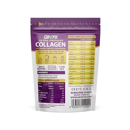 Premium Collagen Powder (Type I, III) Hydrolysed Bovine Collagen Peptides Powder - Halal Certified ONYX INGREDIENTS 101 uk supplements