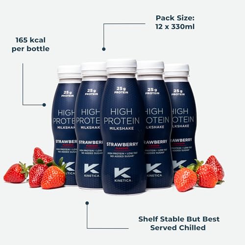Kinetica Ready-to-Drink Protein Shake, 12 X 330mls, 165 cals, 25g Protein per Bottle, Low Fat (Strawberry) Kinetica uk supplements