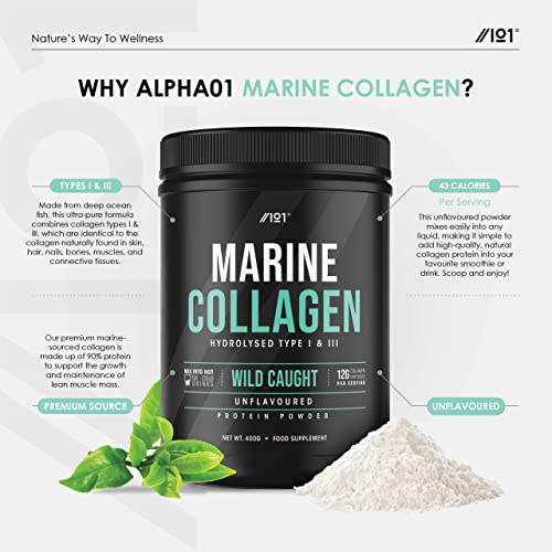 Marine Collagen Powder Supplement - 400g - Wild-Caught Canadian Marine Collagen - Unflavoured - Types 1 & 3 Hydrolysed Collagen ALPHA01 uk supplements
