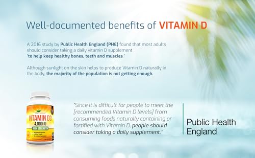 Vitamin D 4,000 IU Softgels, Maximum Strength Vitamin D3 Supplement, 365 Easy to Swallo Vita Premium uk supplements