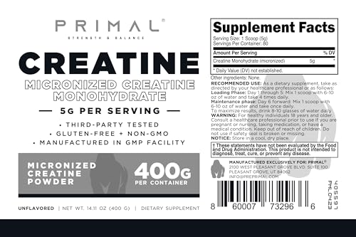 Primal Creatine Monohydrate Powder (400 Grams) | Unflavored Micronized Creatine Primal uk supplements
