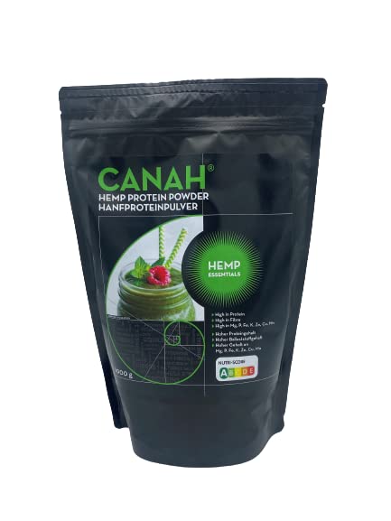 Canah® Natural Hemp Protein Powder 1 kg Vegan, High in Protein, Fibre, Omega 3 & Omega 6, Amino Acids, Vitamins and Minerals, Certified Kosher + Free Bonus Recipes Hemp Essentials uk supplements