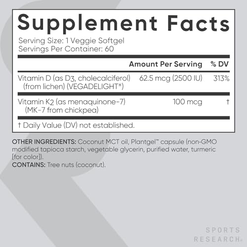Sports Research Vitamin D3 K2 with Coconut MCT Oil | Vegan D3 2500iu (62.5mcg) Sports Research uk supplements