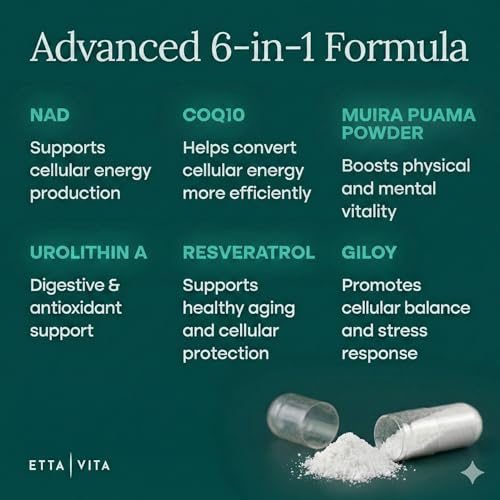 Liposomal NAD+ Supplement - Resveratrol, Urolithin A, CoQ10 & Muira Puama (Made in USA) NAD Supplement for Natural Energy, Brain Fog, Digestion, Detox, Gut Health, Microbiome, NR NMN Replacement Etta Vita uk supplements