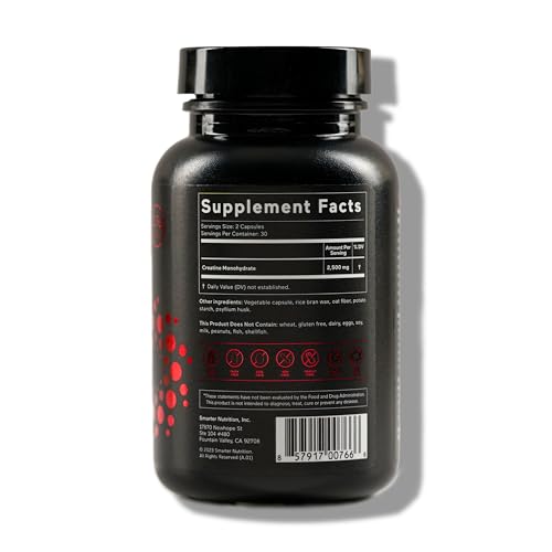 SMARTERNUTRITION Creatine Monohydrate Pills with 2500mg (2.5g) Per Serving, Vegan Capsules - Pre & Post Workout Recovery Support, Promotes Muscle Mass &. Endurance - 60 Count[30-Day Supply] SMARTERNUTRITION uk supplements