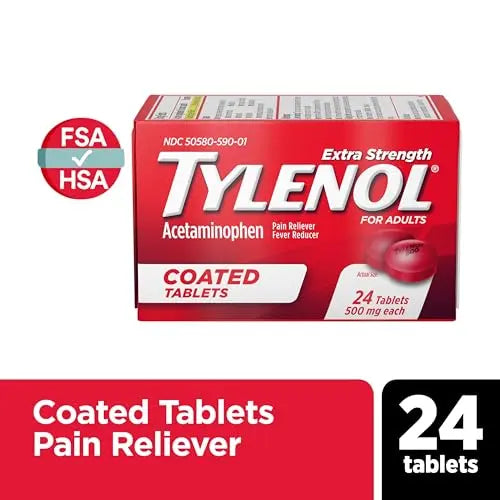 Tylenol Extra Strength Pain Reliever & Fever Reducer, Round Coated Tablets, 500 mg Acetaminophen Pain Relief Pills for Headache, Toothache & Minor Arthritis Pain, 24 ct Tylenol uk supplements