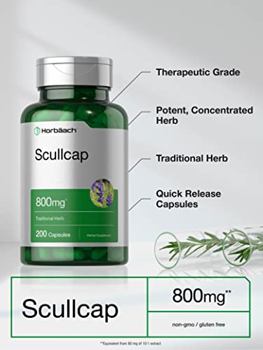 Scullcap Capsules | 800 mg | 200 Count | Max Potency, Value Size | Non-GMO and Gluten Horbäach uk supplements
