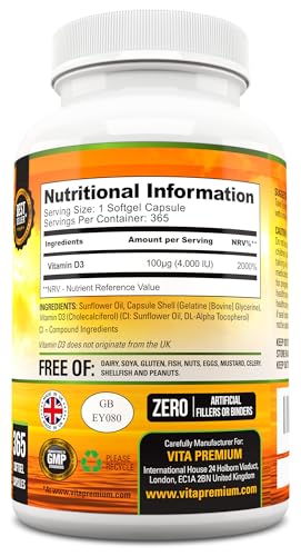 Vitamin D 4,000 IU Softgels, Maximum Strength Vitamin D3 Supplement, 365 Easy to Swallo Vita Premium uk supplements