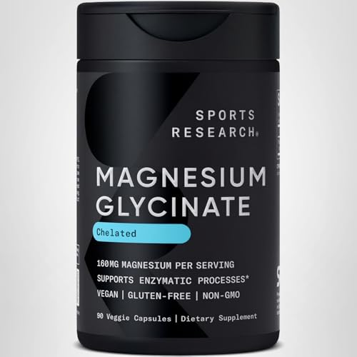 Sports Research® Magnesium Glycinate - Supports Restful Sleep & Enzymatic Processes - 160 mg Chelated Magnesium - Vegan Capsule - 90 Count Sports Research uk supplements