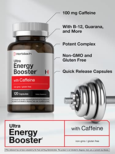 Ultra Energy Supplement | 120 Capsule Pills | with Caffeine & Vitamin B12 | Daily Energy Booster Horbäach uk supplements