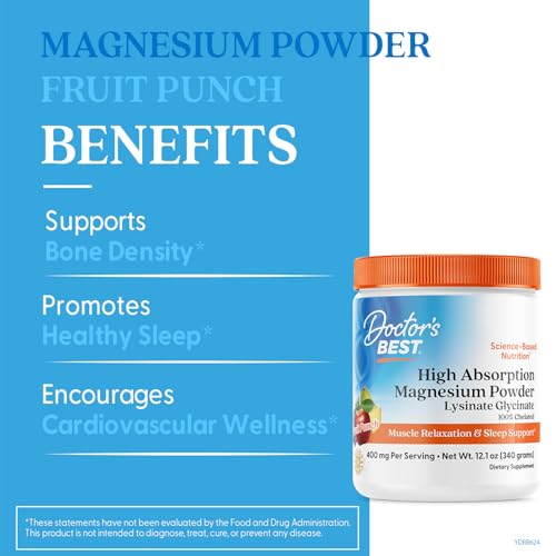 Doctors Best High Absorption Magnesium Powder Lysinate Glycinate 100% Chelated, Muscle Relaxation & Sleep Support, Gluten Free, Vegan, 100% Chelated Net Wt. 12.1 oz (340 Grams), Fruit Punch Flavor Doctor's BEST uk supplements