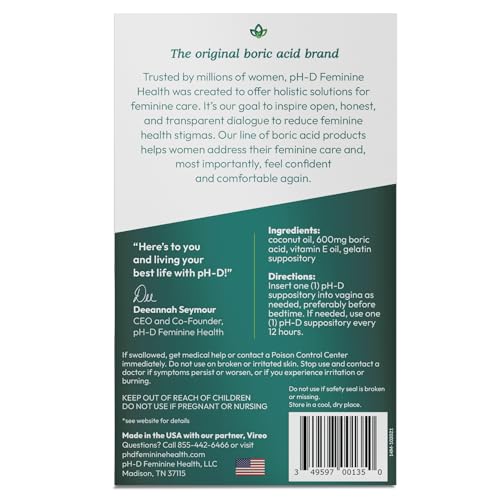 pH-D Feminine Health - Boric Acid Moisturizing Suppository - Woman Owned - for Vaginal Odor pH-D Feminine Health Support uk supplements
