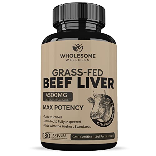 Grass Fed Desiccated Beef Liver Capsules (180 Pills, 750mg Each) - Natural Iron, Vitamin A Wholesome Wellness uk supplements