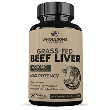 Grass Fed Desiccated Beef Liver Capsules (180 Pills, 750mg Each) - Natural Iron, Vitamin A Wholesome Wellness uk supplements