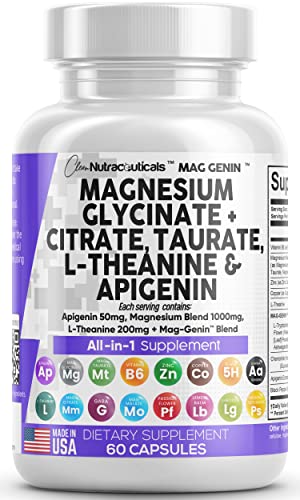Magnesium Glycinate Complex 1000mg with L-Theanine 200mg Apigenin 50mg Citrate Taurate Supplement - 5-HTP GABA Passion Flower Lemon Balm L-Glycine Phosphatidylserine Ashwagandha - USA Made Clean Nutra Clean Nutraceuticals uk supplements