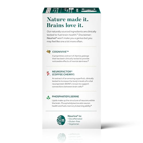 NEURIVA Ultra Decaffeinated Clinically Tested Nootropic Brain Supplement for Mental Alertness, Memory, Focus & Concentration, Cognivive, Neurofactor, Phosphatidylserine, Vitamins B6 B12, 60 Capsules NEURIVA uk supplements