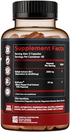 Pure Himalayan Shilajit Capsules Supplement (60,000mg+ Absorption Enhancer+50% Rainbow Nutrients, LLC uk supplements