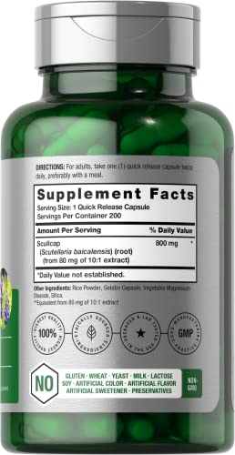Scullcap Capsules | 800 mg | 200 Count | Max Potency, Value Size | Non-GMO and Gluten Horbäach uk supplements
