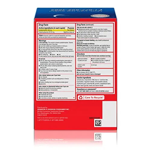 Tylenol PM Extra Strength Nighttime Pain Reliever Sleep Aid Caplets with Acetaminophen & Diphenhydramine HCl, Relief for Nighttime Aches & Pains, Travel Size, 50 Packs of 2 Caplets Tylenol uk supplements