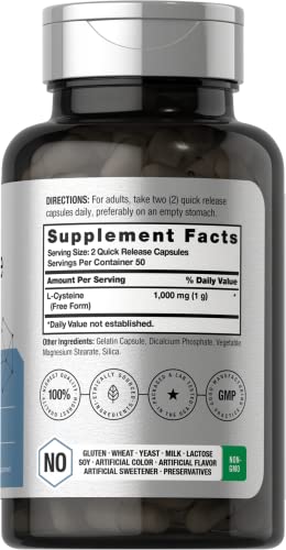 L-Cysteine 1000mg | 100 Powder Capsules | Non-GMO, Gluten Free Supplement Horbäach uk supplements