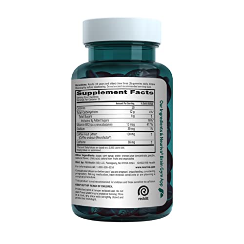 NEURIVA Brain + Energy Gummies, Nootropic Brain Supplements for Focus and Concentration with Neurofactor, Vitamin B12 & Caffeine for an Energy Boost*, 75ct Natural BlackBerry NEURIVA uk supplements