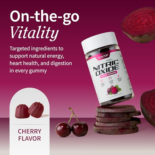 Snap Supplements Nitric Oxide Gummies - Beet Root Extract 300mg, Sugar Free Beetroot Supplement with Pomegranate Powder for Circulation & Natural Energy, 60 Vegan Gummies, Cherry Flavor Snap Supplements uk supplements