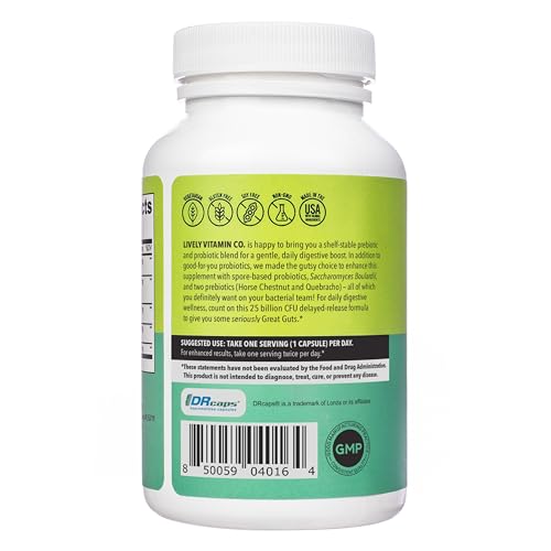 LIVELY VITAMIN CO. Great Guts Probiotic - 25 Billion CFU Probiotic - Balance Gut Microbiome, GI Tract, Inflammation, Indigestion, Reflux, Upset Stomach, & Diarrhea - 90 Caps LIVELY VITAMIN CO uk supplements