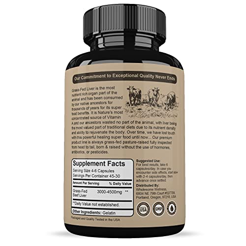 Grass Fed Desiccated Beef Liver Capsules (180 Pills, 750mg Each) - Natural Iron, Vitamin A Wholesome Wellness uk supplements