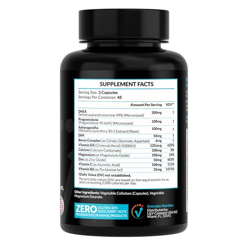 DHEA Micronized 200mg Complex with Pregnenolone 100mg Supplement for Men & Women with Ashwagandha, DIM, Magnesium, Boron, Calcium , Zinc, Vitamin D3, C and B6 Hormone Support - Made in USA 90 Capsules EVERYDAY NUTRITION uk supplements
