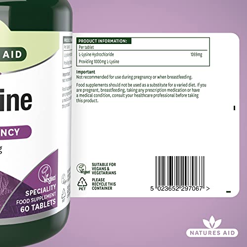 Natures Aid L-Lysine 1000 mg, High Potency Essential Amino Acid, Vegan, 60 Tablets natures aid uk supplements